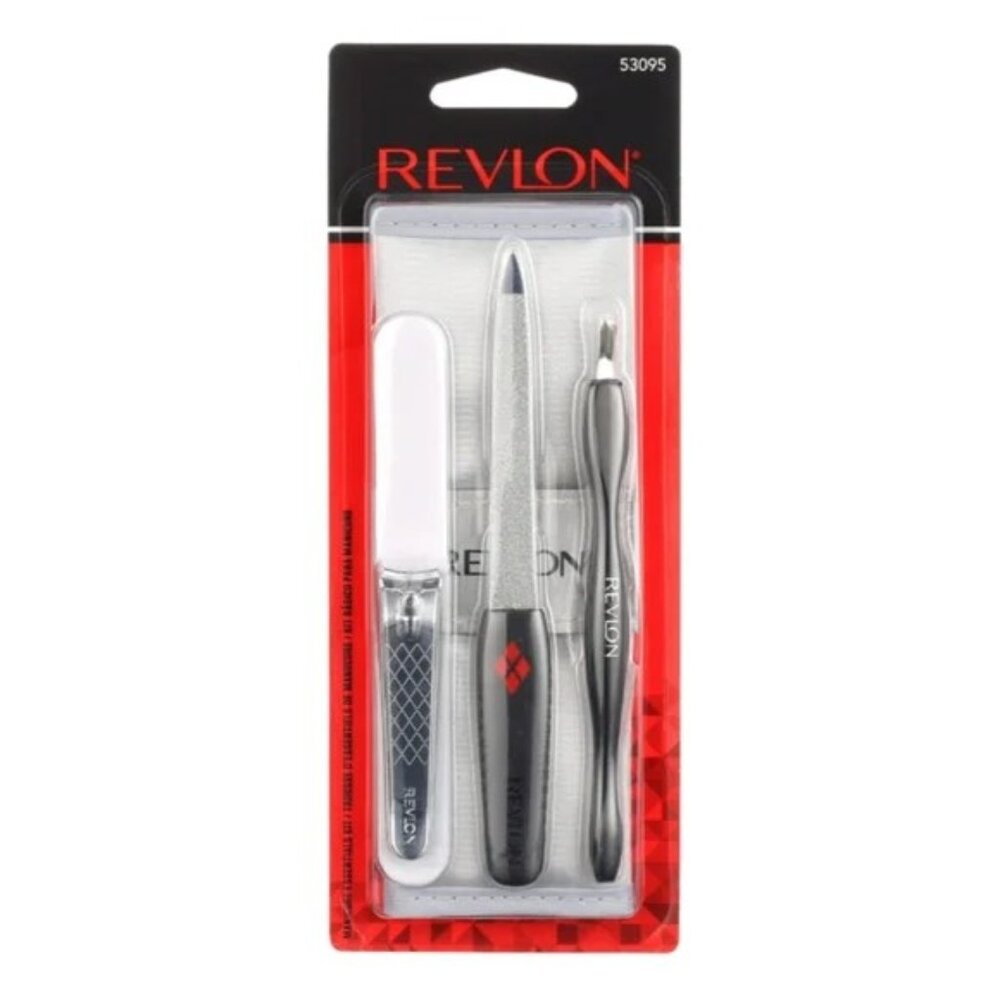 Revlon Nail Manicure Essentials Kit Clippers File Cuticle Buffer Carry Pouch NEW